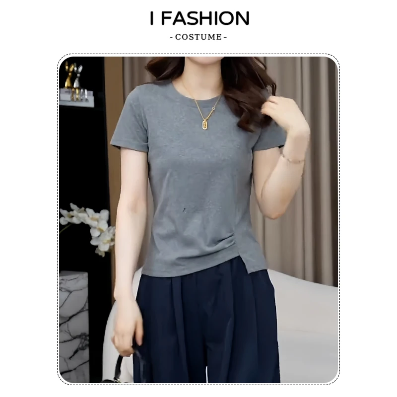 高含棉韩版休闲短袖t恤女2025夏季新款宽松显瘦圆领褶皱拼接上衣
