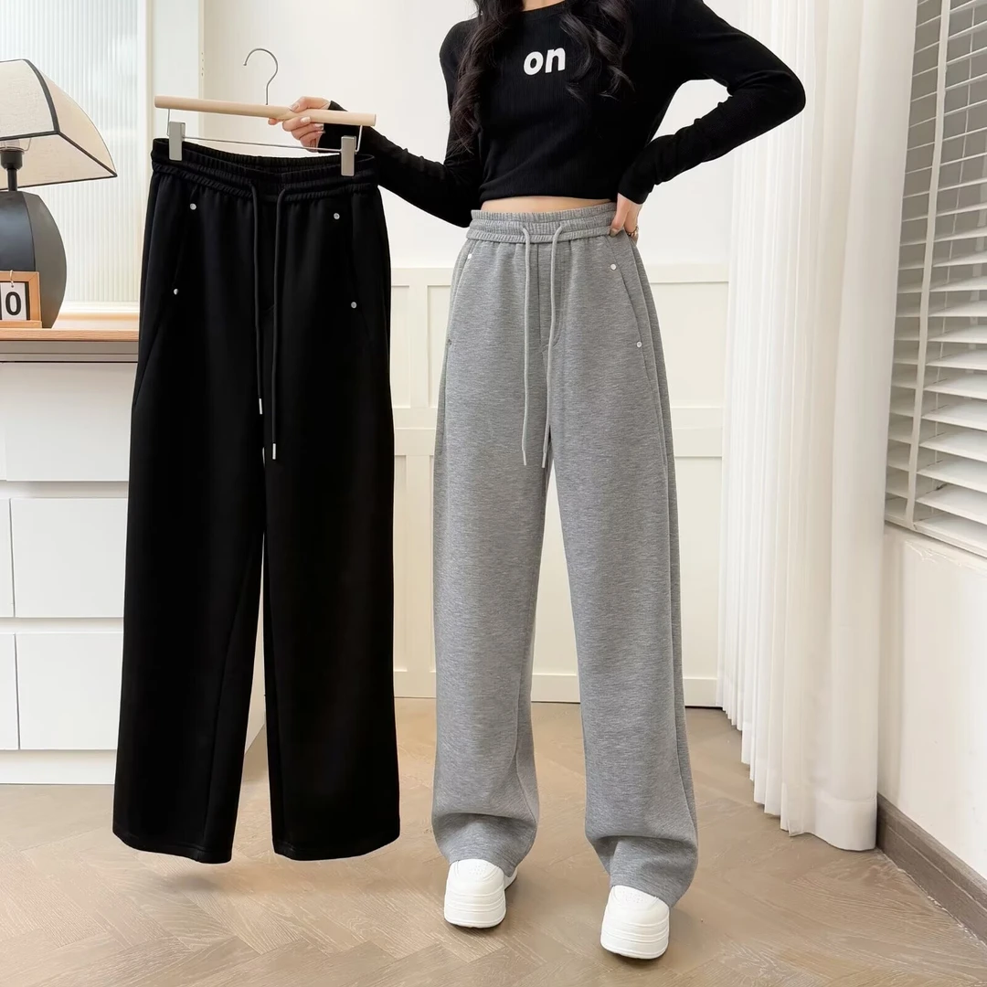 2025春季新款胖mm大码洋气百搭高腰显瘦松紧宽松直筒休闲阔腿裤