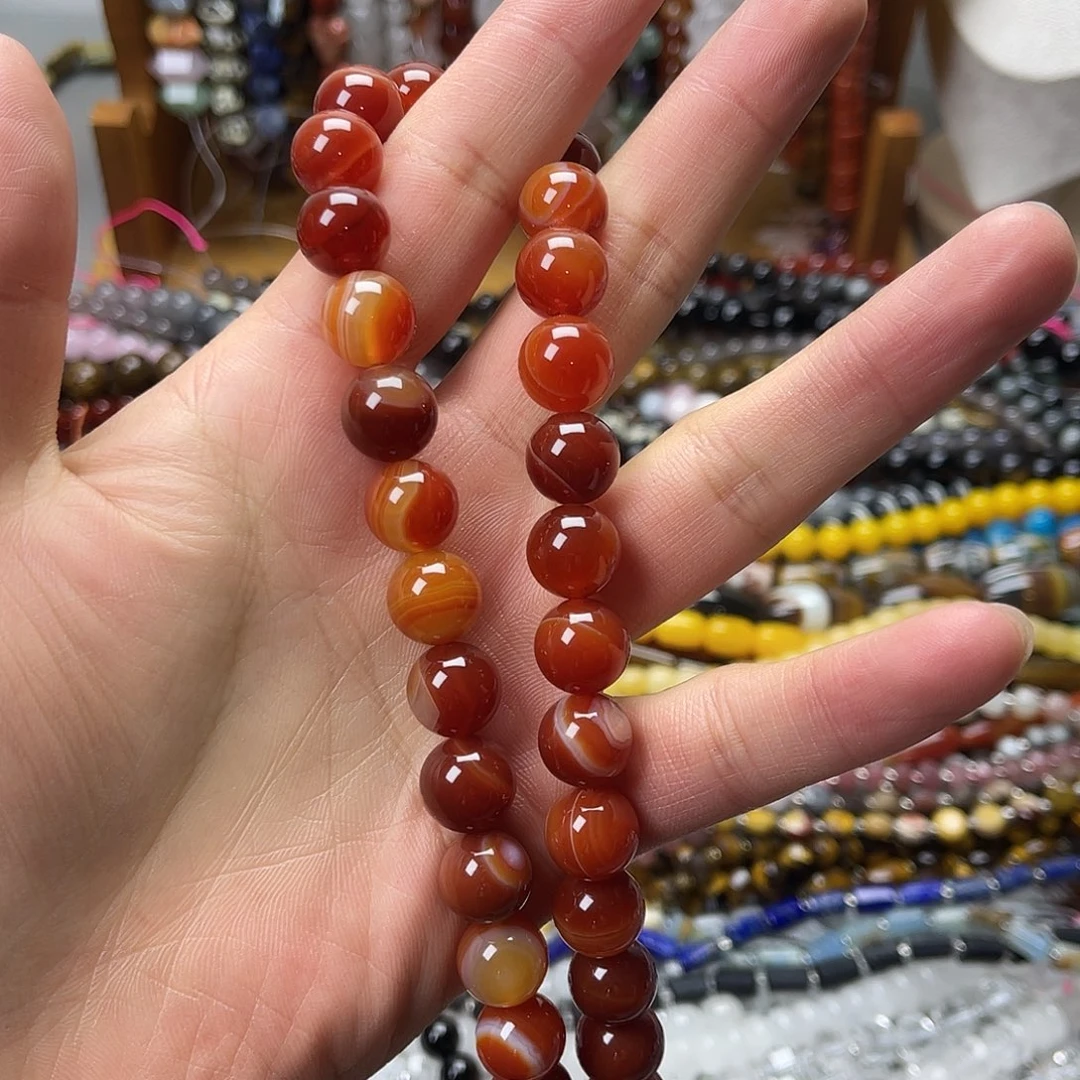 玛瑙/玉髓未镶嵌珠宝半成品卡12红蚕丝玛圆珠一条