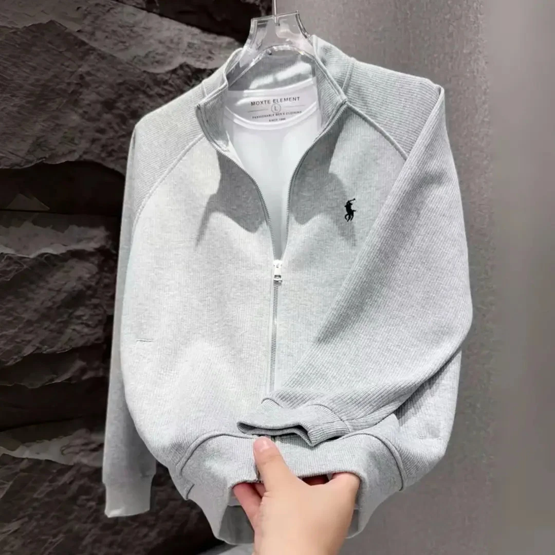 秋季新款肌理感针织刺绣立领夹克男简约高档宽松百搭休闲上衣外套