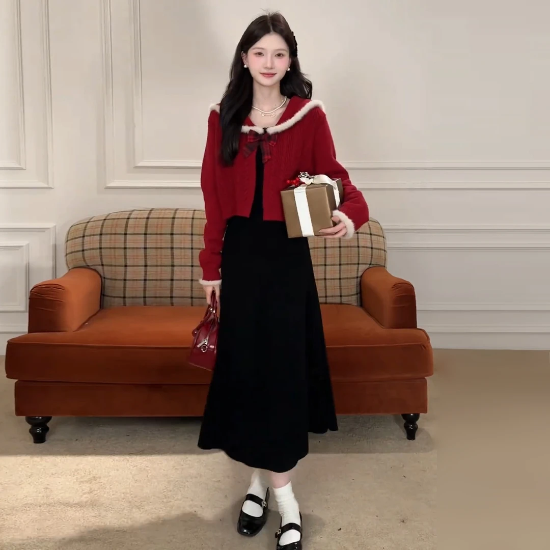 秋冬季2026新款女针织毛衣连衣裙子新年红色系穿搭一整套两件套装