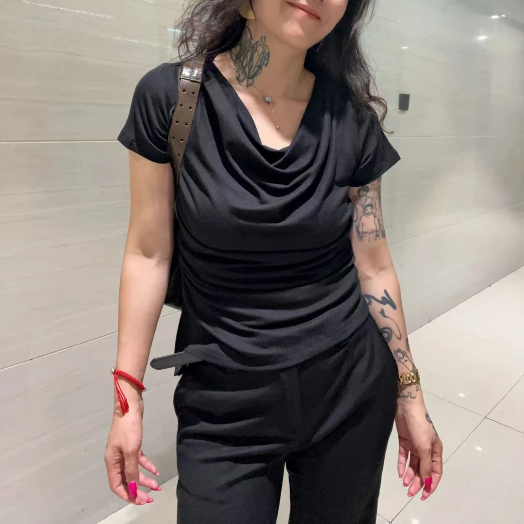 A7104摆领褶皱T恤时尚半袖不规则显瘦