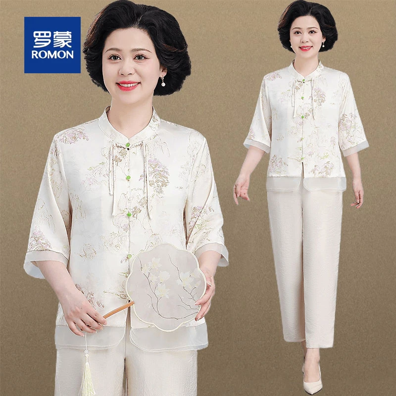 罗蒙中老年女装新中式国风雪纺衫套装气质贵夫人妈妈高档小衫套装