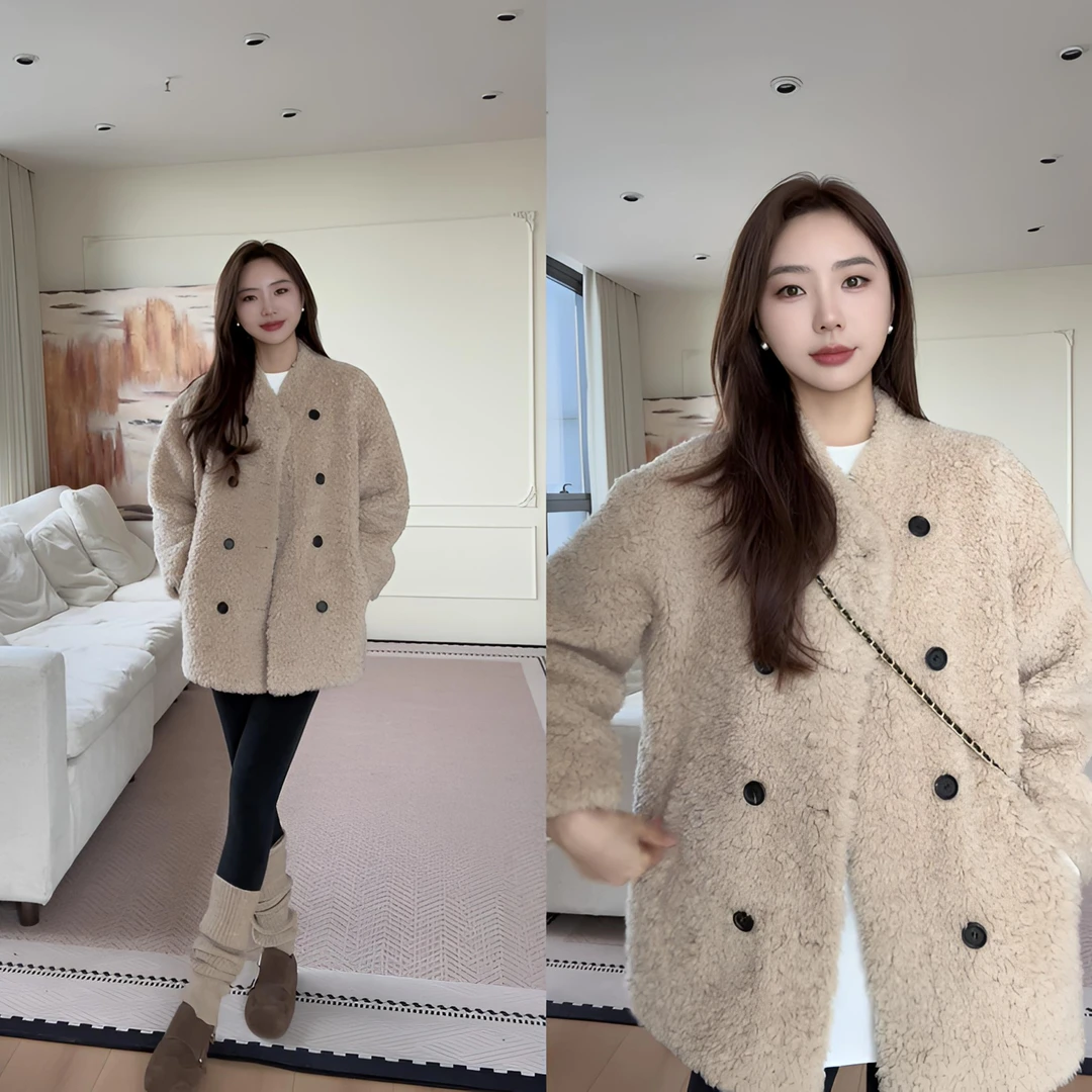 【余欢欢】冬季韩系保暖双排扣纯羊毛外套-YHW50995