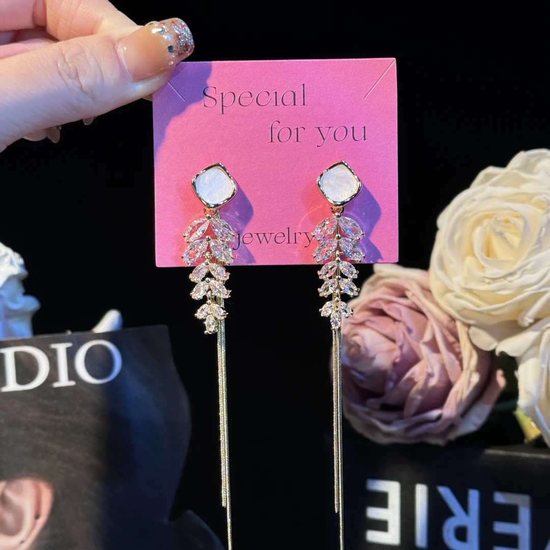 铜合金锆石耳饰 铜合金耳饰 璐瑶】气质轻奢时尚超闪锆石麦穗树叶