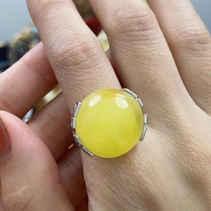 琥珀戒指银S925镶嵌戒指