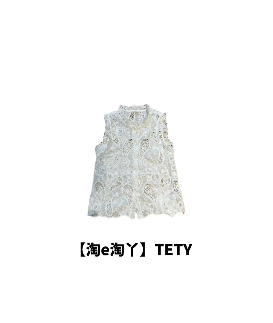 【淘e淘丫】白色镂空刺绣工艺蕾丝马甲小衫气质百搭0531