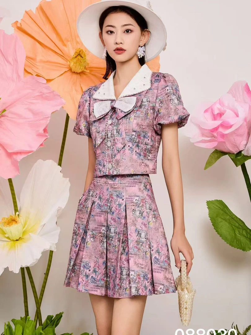 高级重工订珠印花显瘦气质百搭时尚短袖套裙