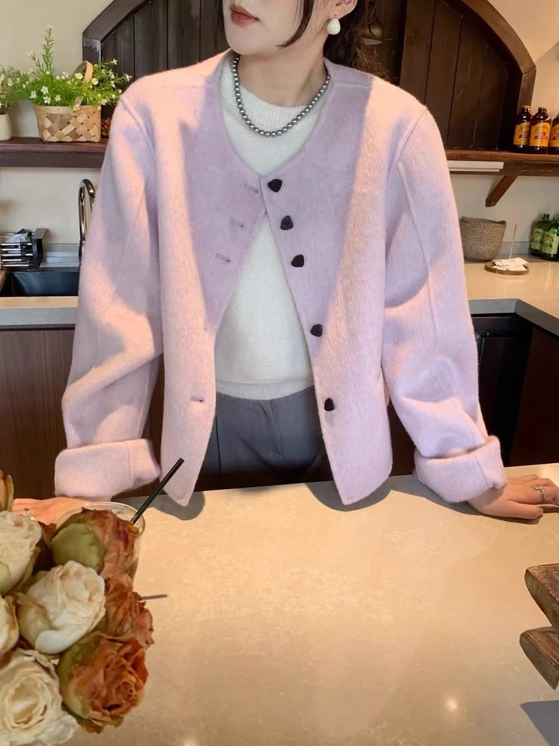 韩系圆领2025春款新款小香风短款显瘦小个子双面羊毛呢外套女