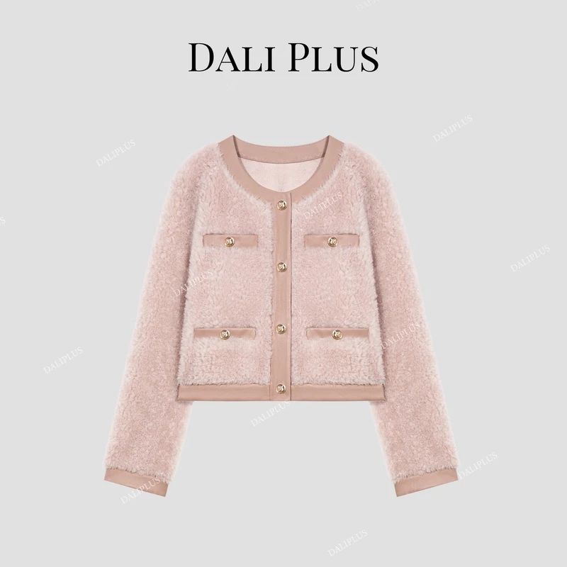 DALI PLUS重磅绵羊毛樱花粉颗粒毛拼皮包边设计短外套-D4SC0013
