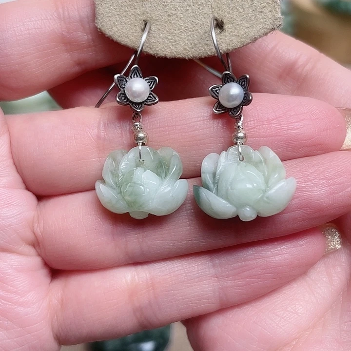 透闪石-蛇纹石玉耳环银S925镶嵌