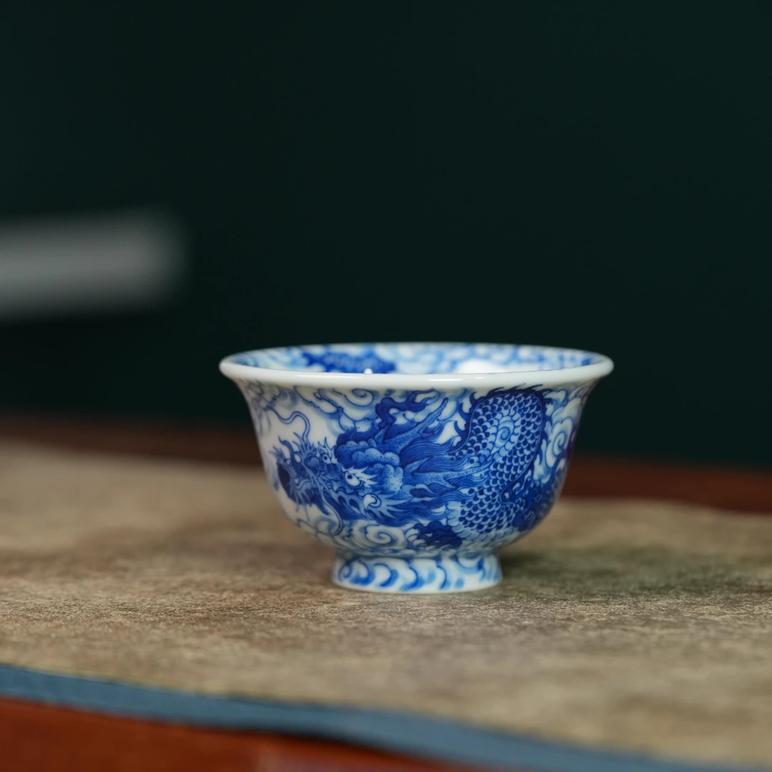 刘建锋窑青花云龙纹压手杯陶瓷手绘柴窑主人杯顺丰包邮精选LJF018