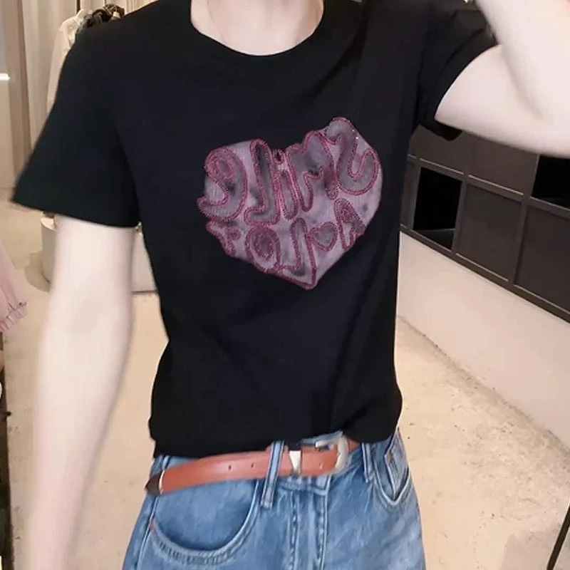 2025夏季新款宽松显瘦高级感百搭上衣设计感圆领休闲风短袖T恤女