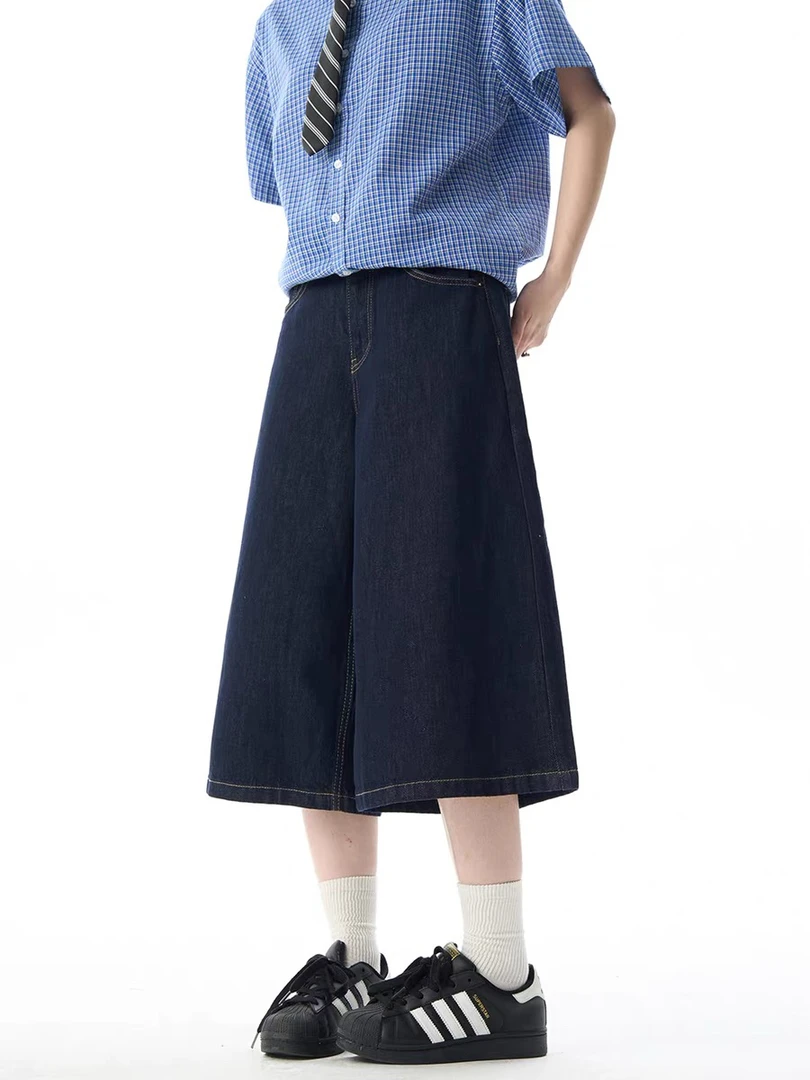 夏季2025复古cleanfit丹宁蓝色牛仔七分裤男女宽松直筒百搭短裤子