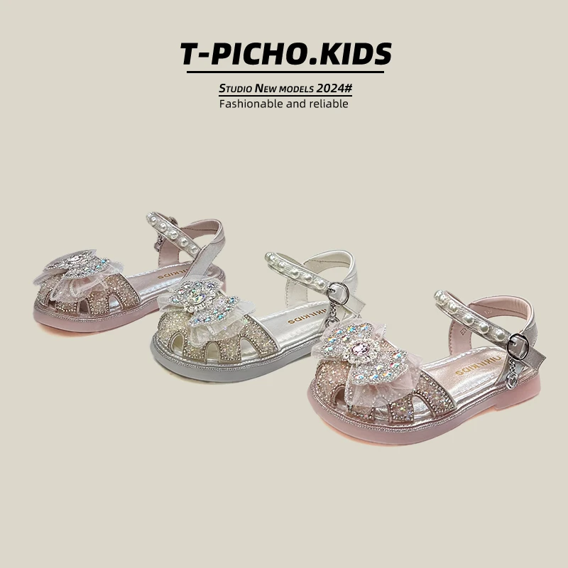 女童包头凉鞋2025年夏季新款珍珠水钻蝴蝶结公主鞋小女孩鞋-77301