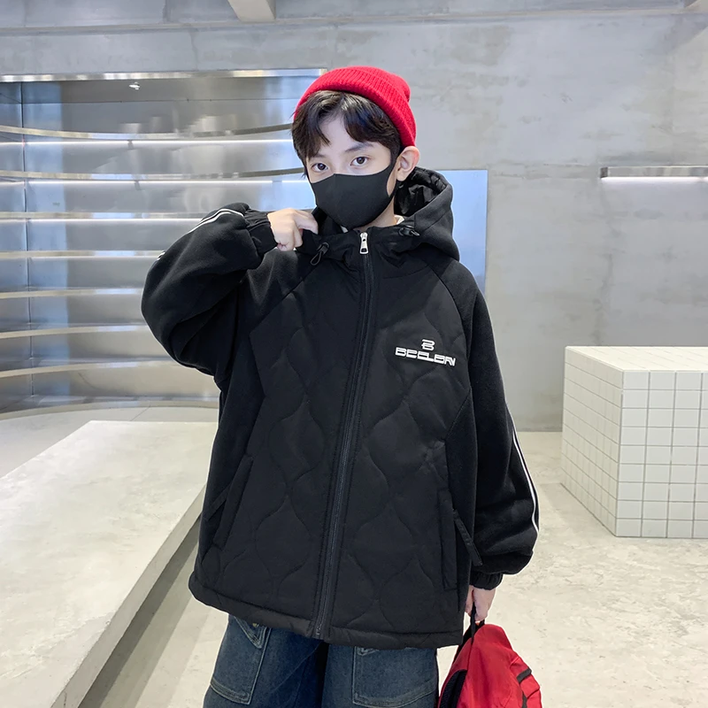 男童加绒外套冬季儿童奥利绒风衣中大童保暖男孩连帽冬装加棉加厚