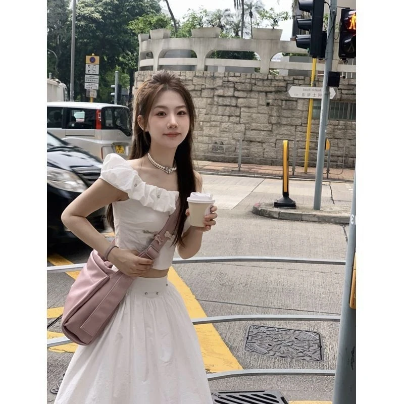 【两件套装】夏季珍珠铆钉装饰一字肩短袖上衣运动风休闲花苞裙女