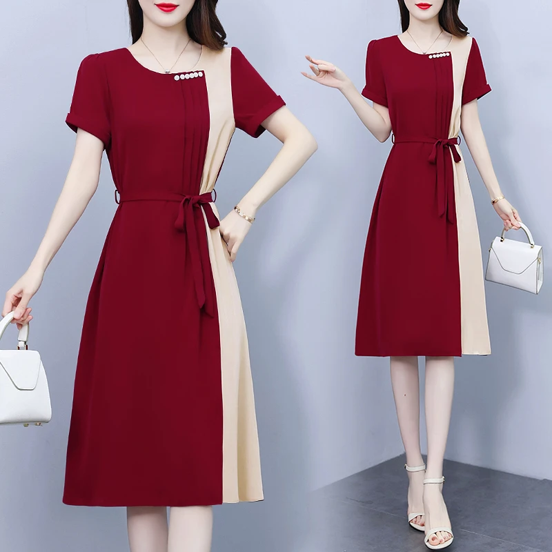 腰带拼接连衣裙夏季2024年新款长款显瘦显高中年气质遮肚子裙子