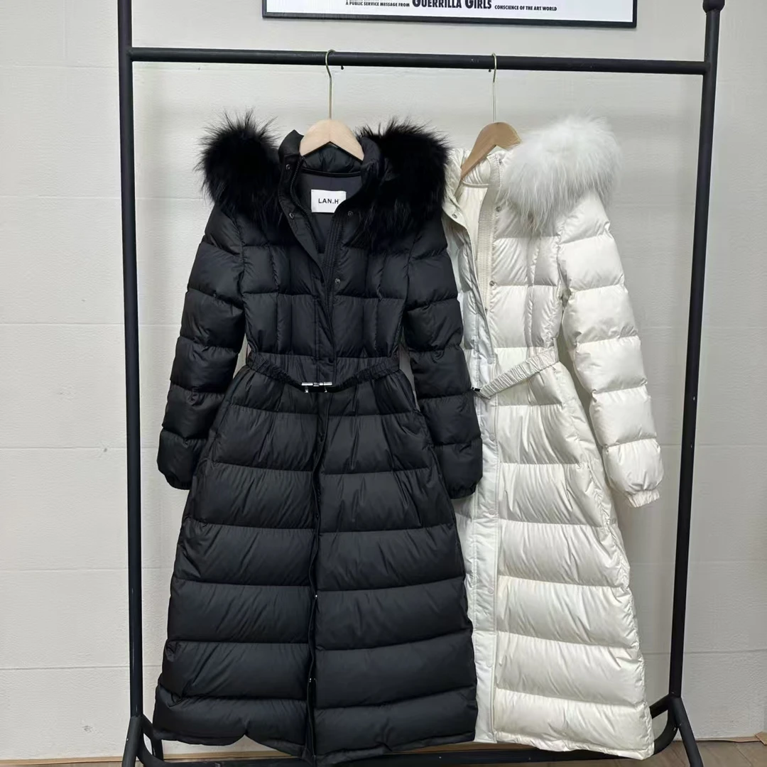 KS/东大门设计师品牌LAN.H收腰显瘦真毛领优雅风长款嘎嘎羽外套