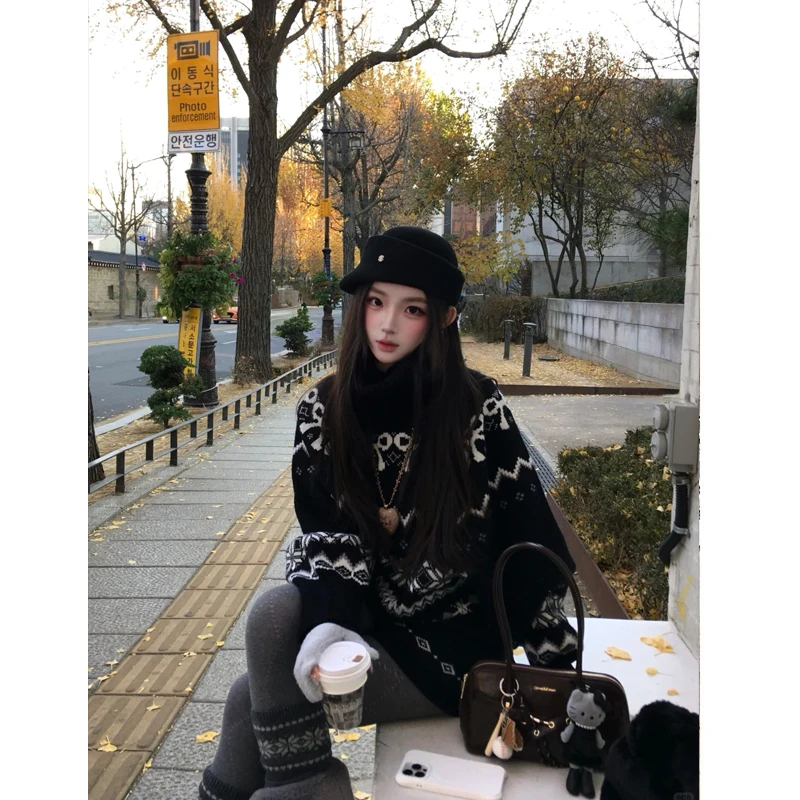 2025秋冬新款时尚穿搭复古费尔岛套头上衣女短裤套装两件套针织衫