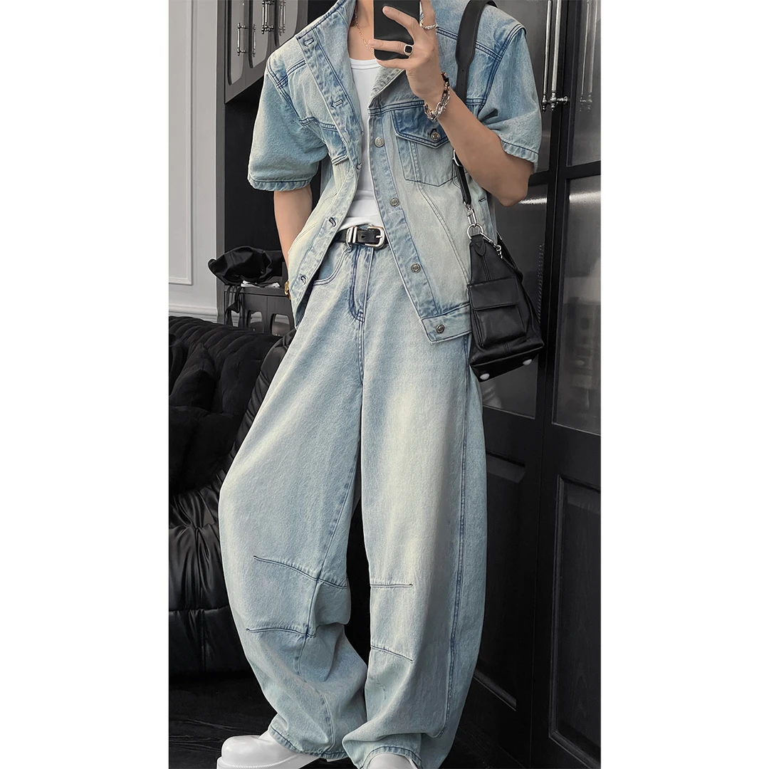 龙叨叨夏季新款潮流美式复古工装立领百搭短袖牛仔夹克弯刀裤套装