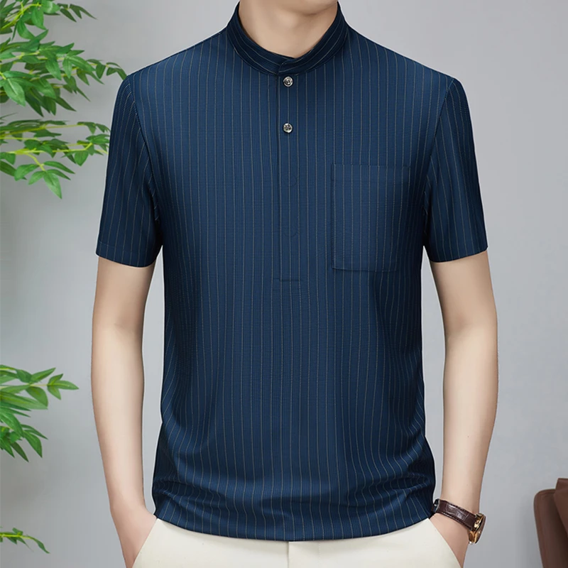 2025夏款新中式短袖t恤男条纹立领衬衣上衣时尚带口袋中山装短袖
