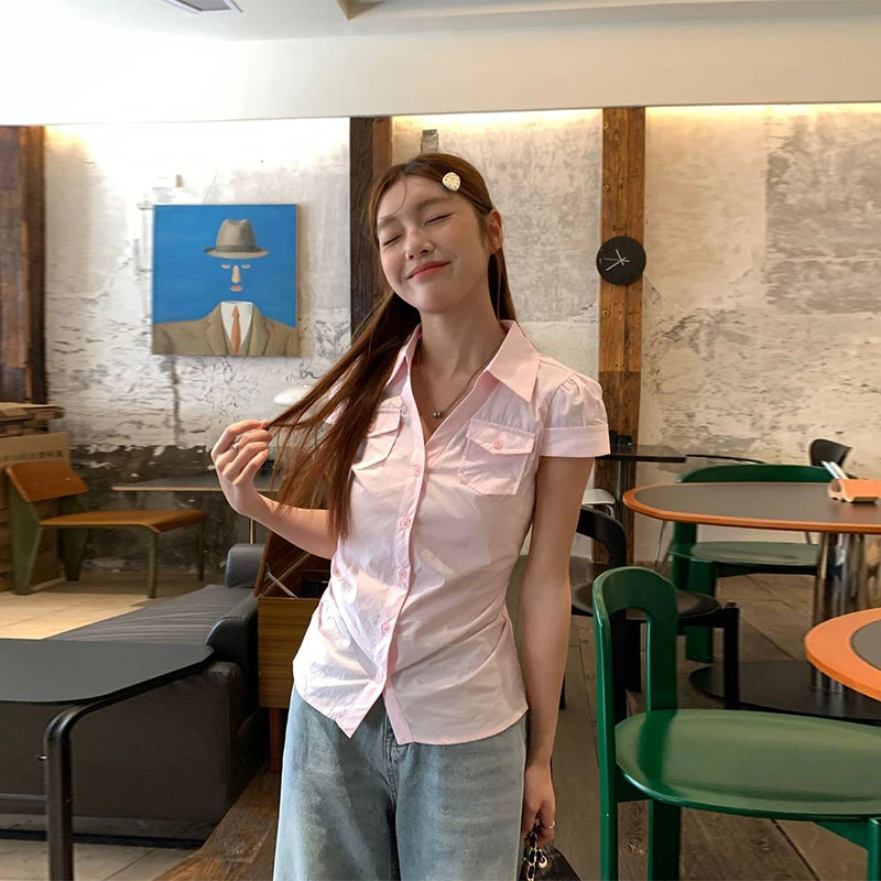 姐姐好欲~粉色Polo领短袖衬衫女夏季ins韩系穿搭修身显瘦开衫衬衣
