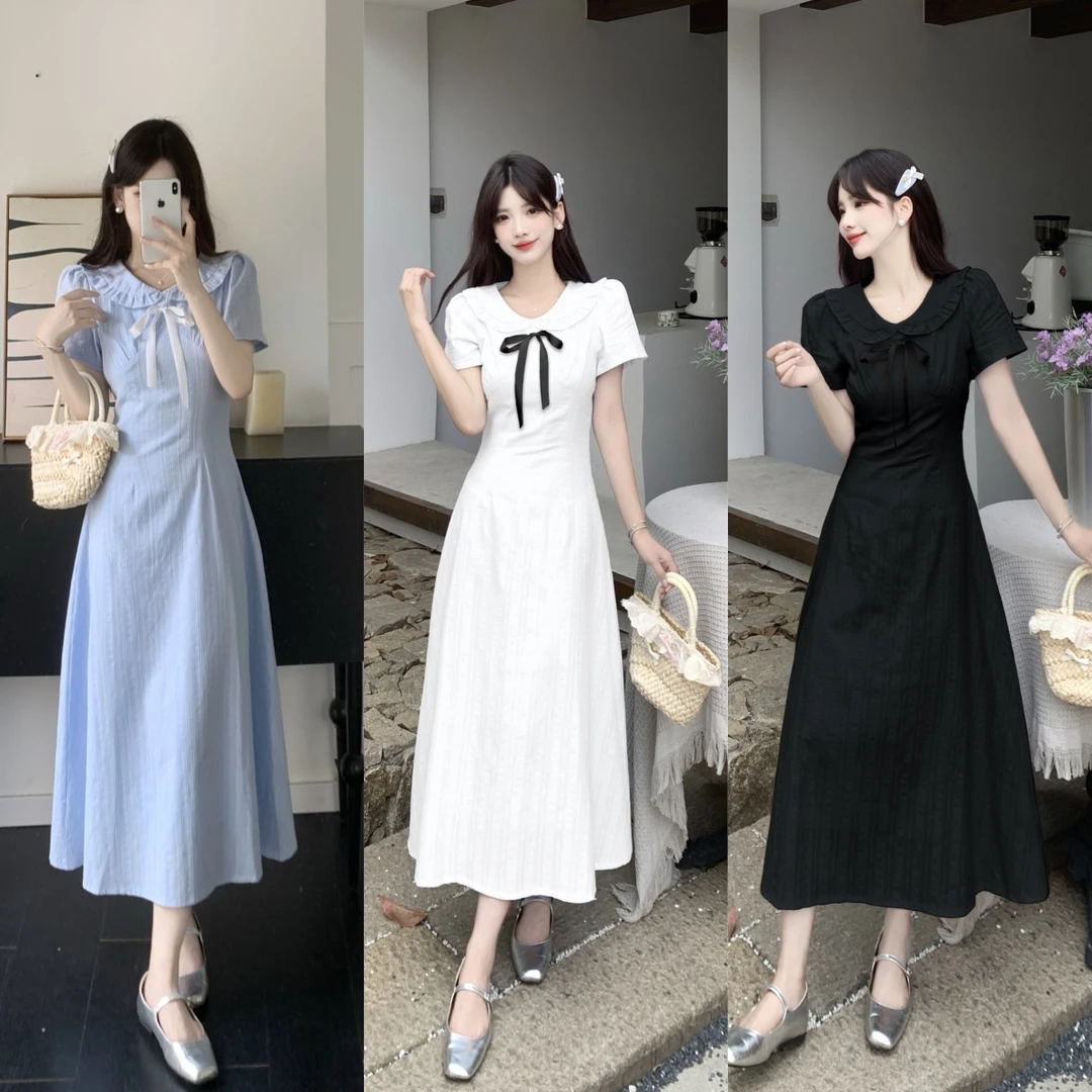 【造梦少女】法式夏季气质蝴蝶结温柔白月光提花棉质收腰连衣裙