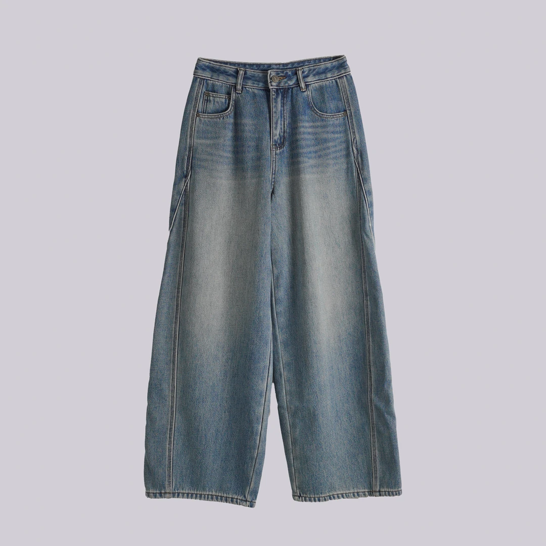 WK水洗加绒牛仔裤阔腿裤