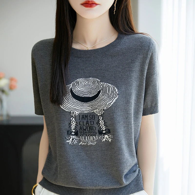 哥弟阿玛施正新款圆领短袖针织衫女新款宽松小众草帽提花T恤上衣