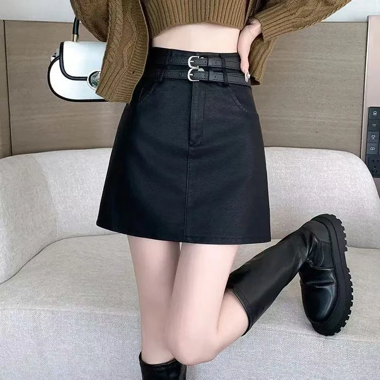中腰显瘦高腰皮裙防走光半身裙短裙时尚设计感包臀裙秋冬牛仔