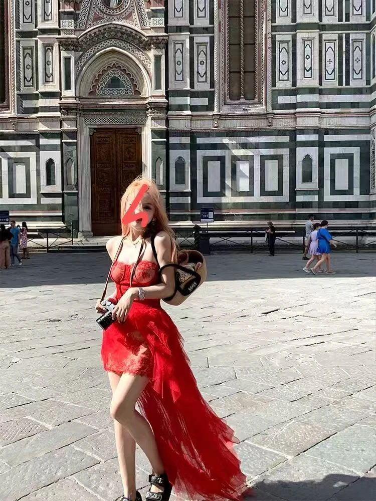 梦梦 MENGMENG｛流浪版 新款纯欲辣妹性感重工蕾丝吊带裙套装}