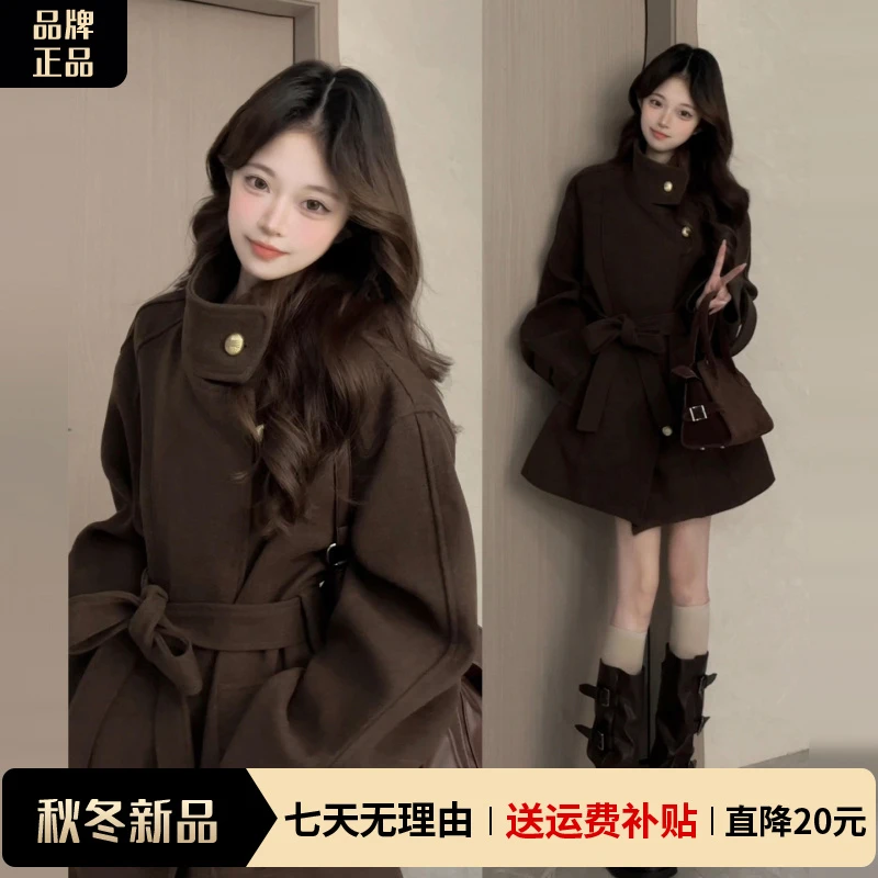 韩系巨好看棕色短款毛呢外套女2025新款秋冬季高级感收腰呢子大衣