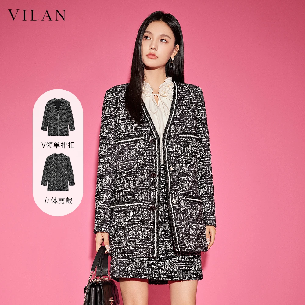 VILAN/慧兰V领开衫毛呢外套女长款显瘦气质宽松春季新款通勤外套