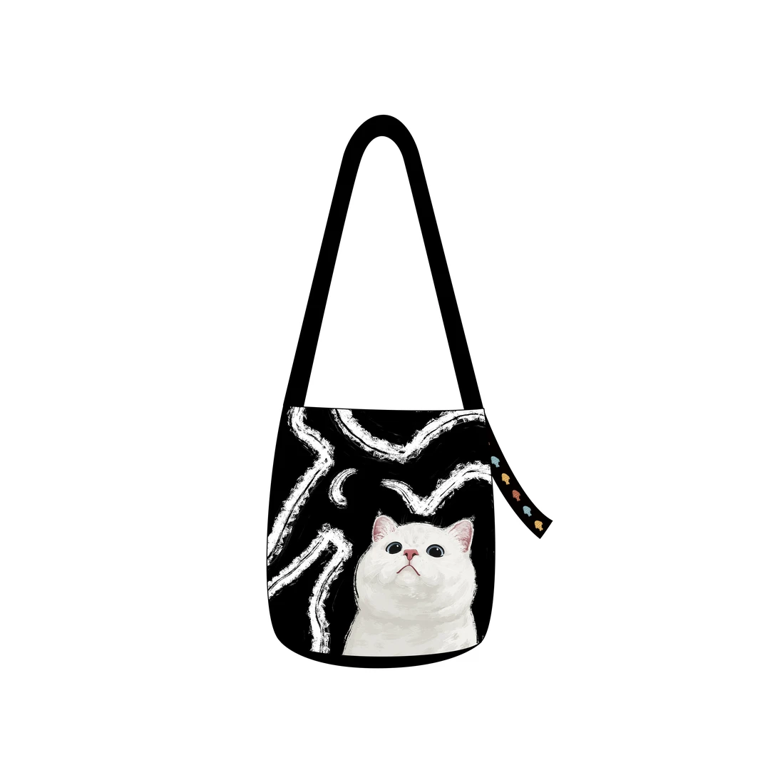 艺术鸭-尼睿原创小白猫百搭飘带多用水桶包单肩斜跨手提小众通勤