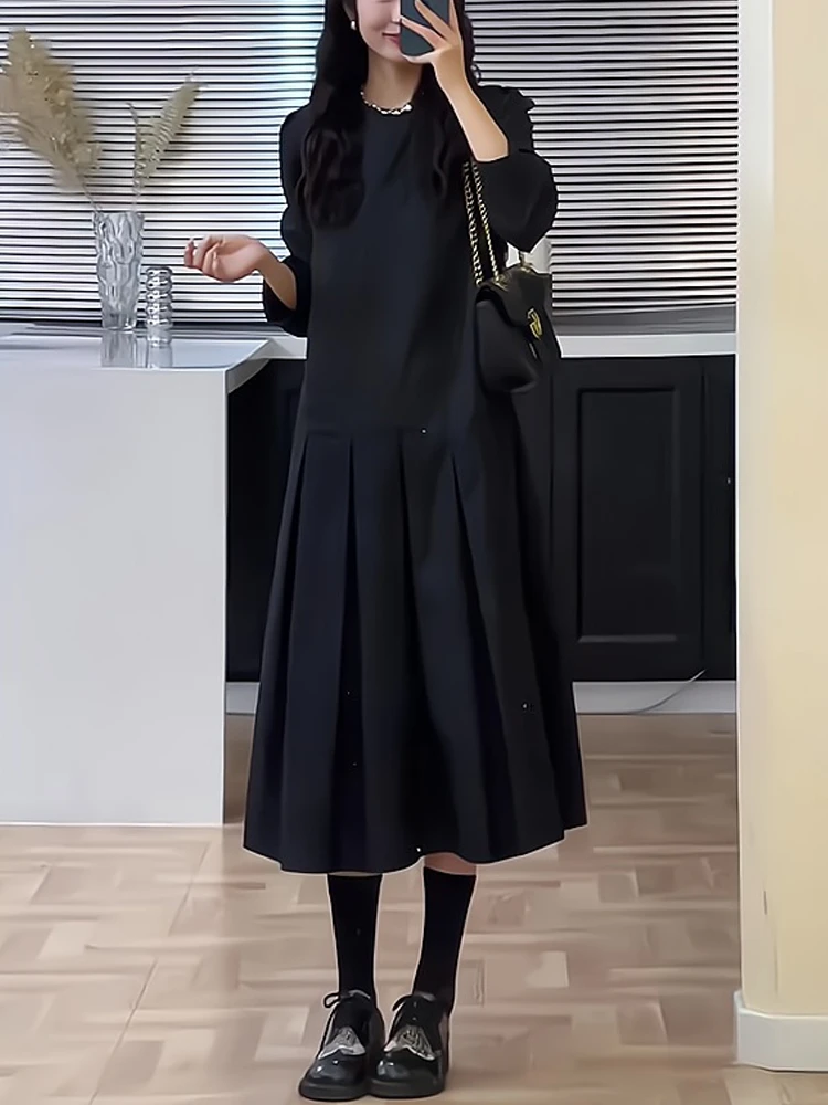 梨形身材韩版休闲风黑色圆领连衣裙早秋新款宽松显瘦下摆百褶长裙
