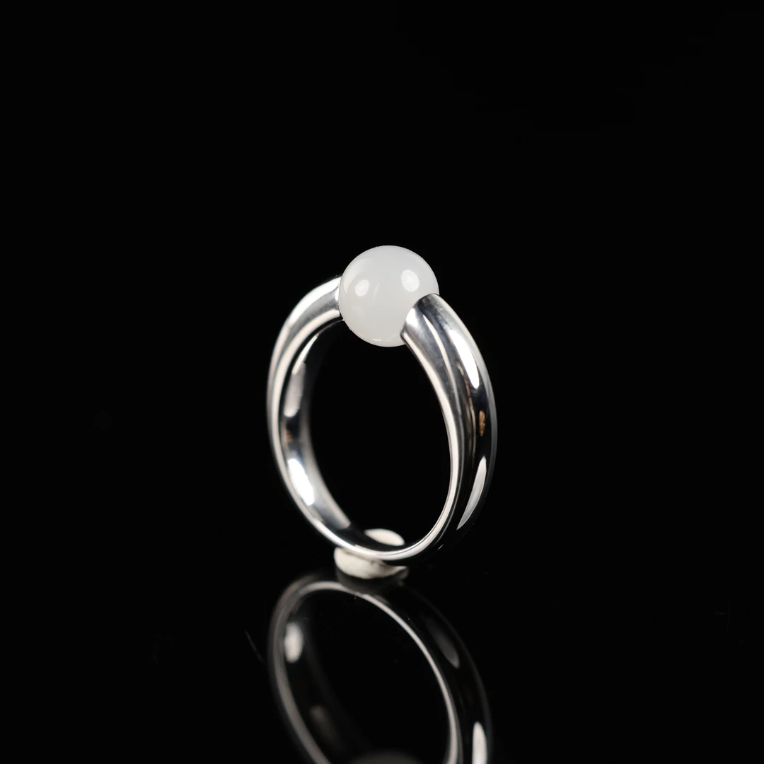 "承吉"严选精品和田玉青海白玉8mm银饰戒指