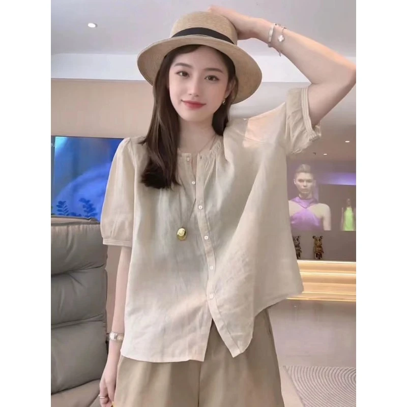 短袖衬衫女夏季薄款上衣2025新款宽松显瘦小衫气质百搭苎麻衬衣潮