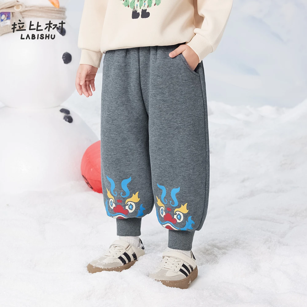 【抗菌】 拉比树童装男童新年舞狮加绒裤2025冬款儿童时尚针织裤