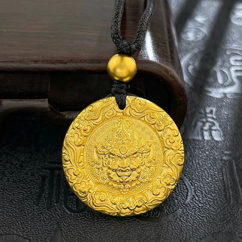 足金9999古法吉祥黄财神麒麟圆牌吊坠实心祥云纹挂坠男女同款礼物