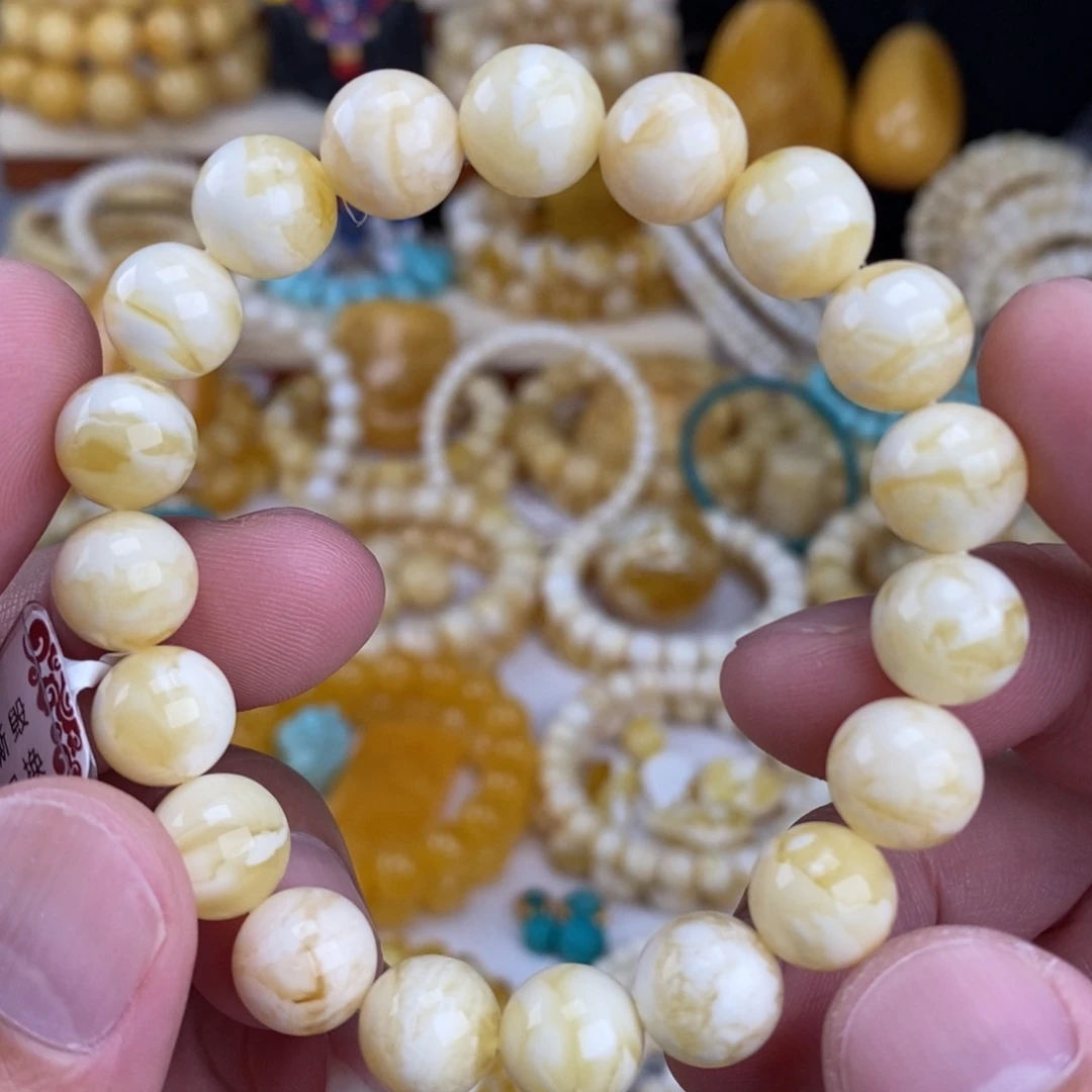 蜜蜡未镶嵌手链瓷白白底虎皮10.8mm