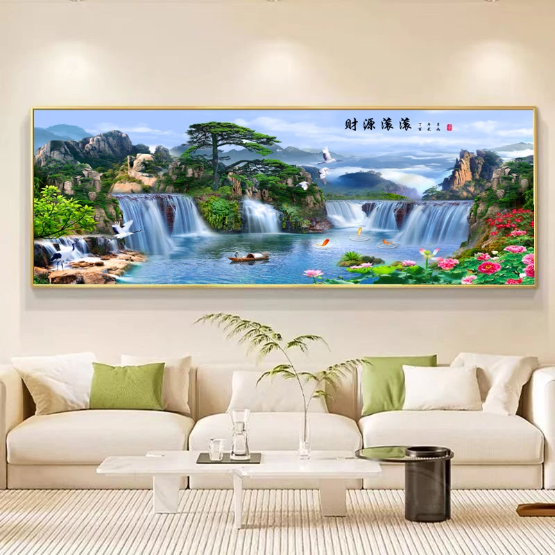 【财源滚滚】沙发靠山挂画现代简约流水风景壁画轻奢晶瓷装饰画