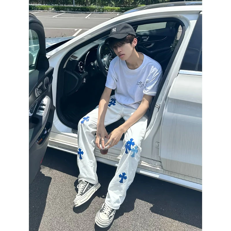 潮牌克罗心十字架牛仔裤男款秋季美式vibe高街情侣痞帅休闲直筒裤