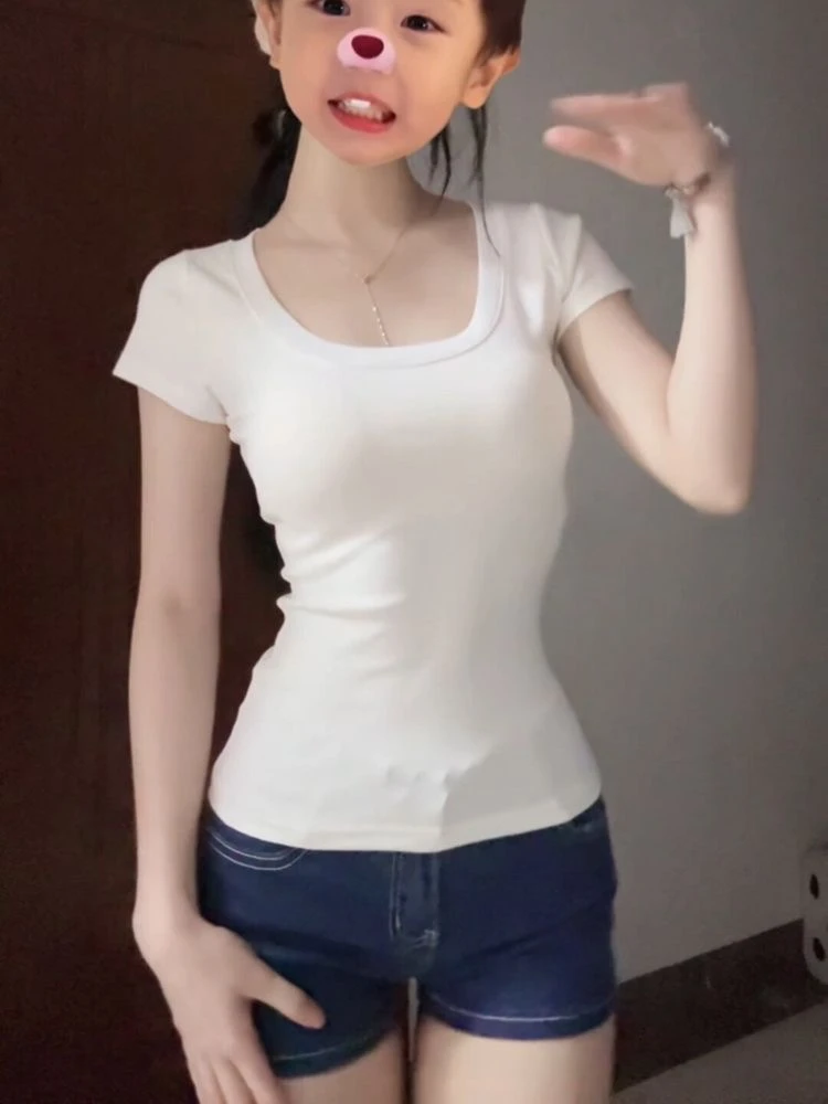 美式复古正肩U领纯色短袖t恤女辣妹新款修身显瘦穿搭上衣学生潮流