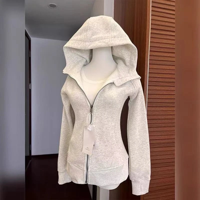外套女春秋短款收腰春季穿搭修身连帽开春上衣紧身白灰卫衣美式薄