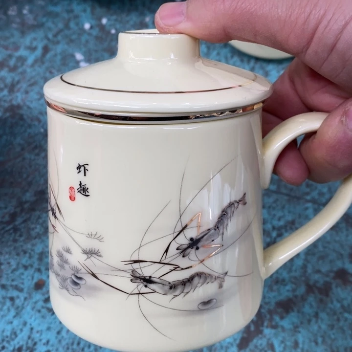 摆件陶黄稀土虾趣图办公杯