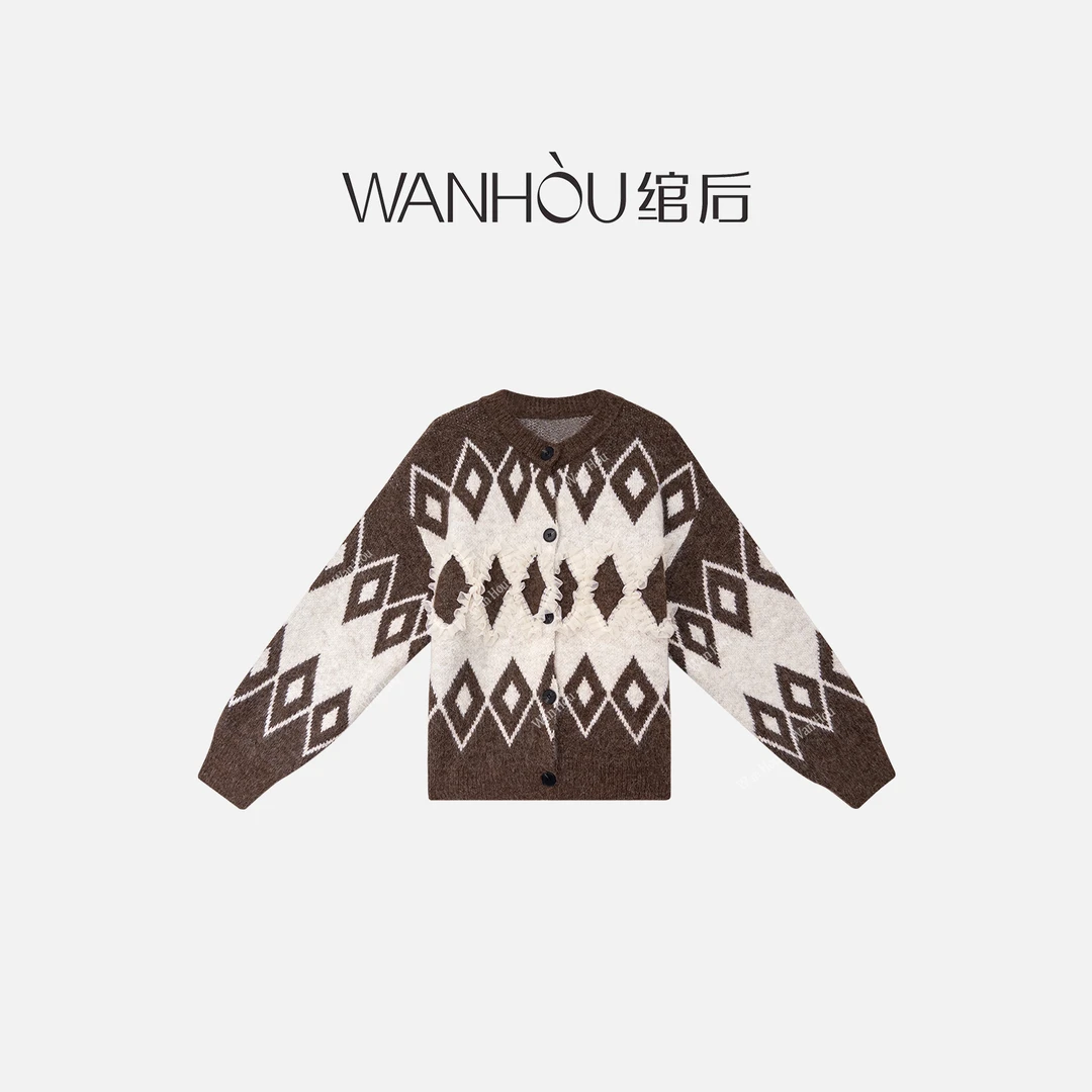 【C4264】绾后-秋冬慵懒风百搭毛衣蕾丝花边菱格提花圆领针织开衫SS