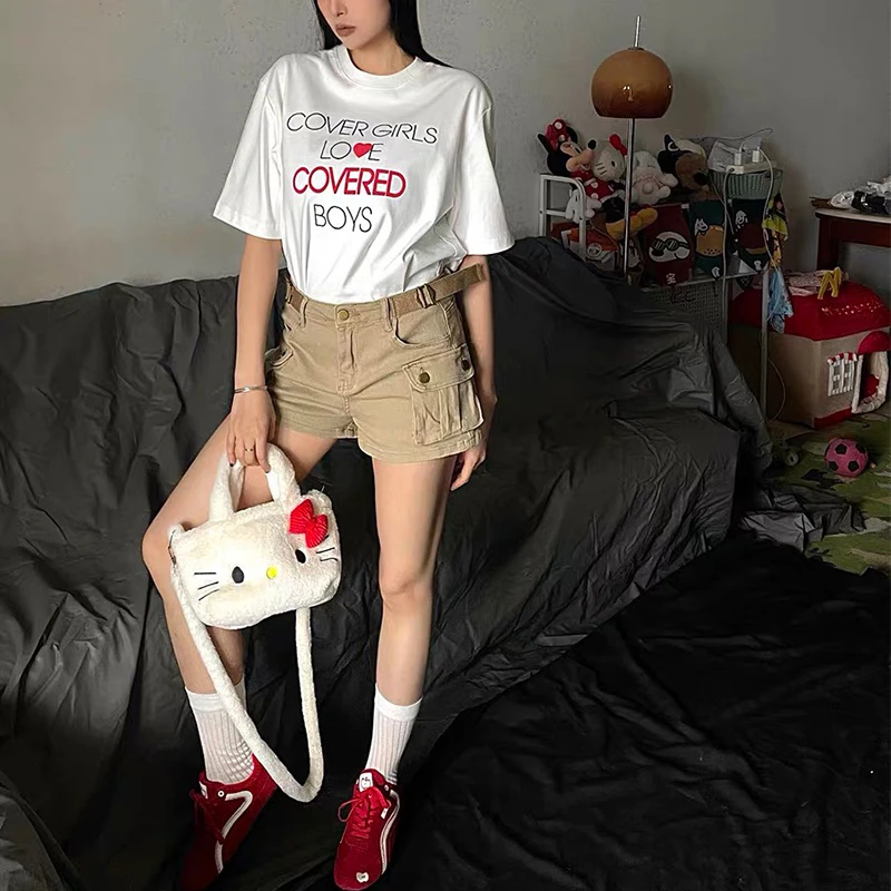 微胖mm卡其色大口袋工装牛仔短裤女夏季高腰美式复古甜酷a字热裤