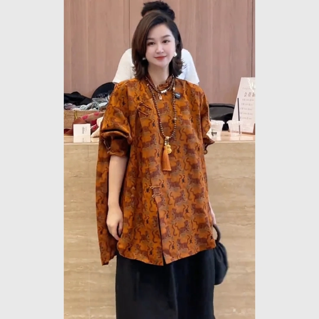 新中式国风女装橘色提花衬衫外套2025新款夏天巨好看唐装盘扣上衣