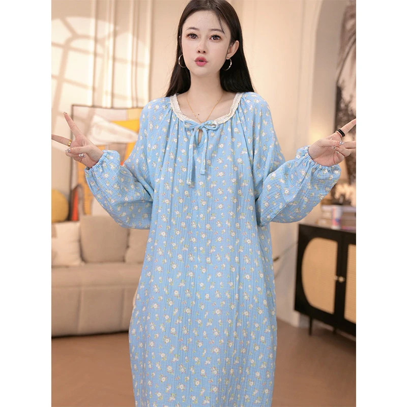 韩版小碎花长袖睡裙女士春秋季2025新款甜美家居服连衣裙可外穿